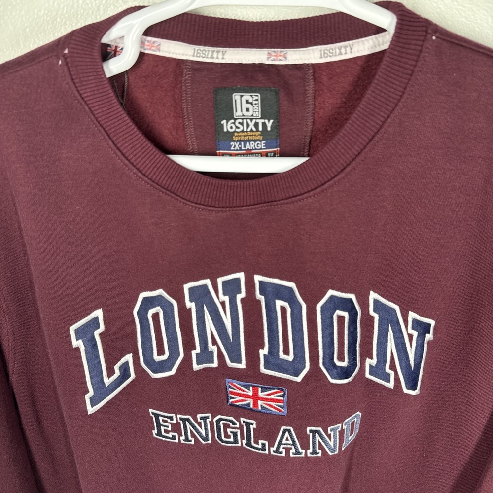 16SIXTY Men Embroidered London England Spellout Souvenir 2XL Maroon Sweatshirt - Picture 4 of 8